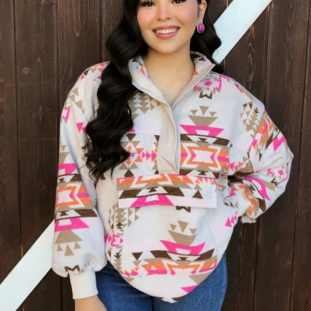 Cozy Aztec Cowl Pullover Sweater in Cream & Pink